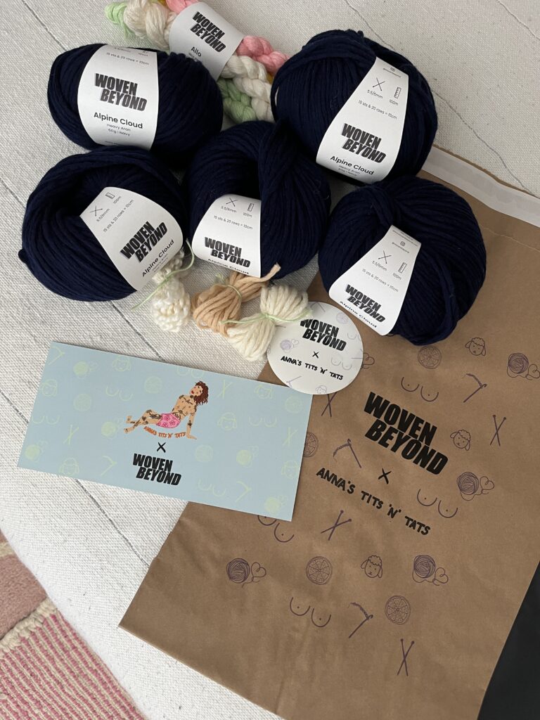 Packaging Anna's Tits n' Tats x Wovenbeyond crochet knitting kits