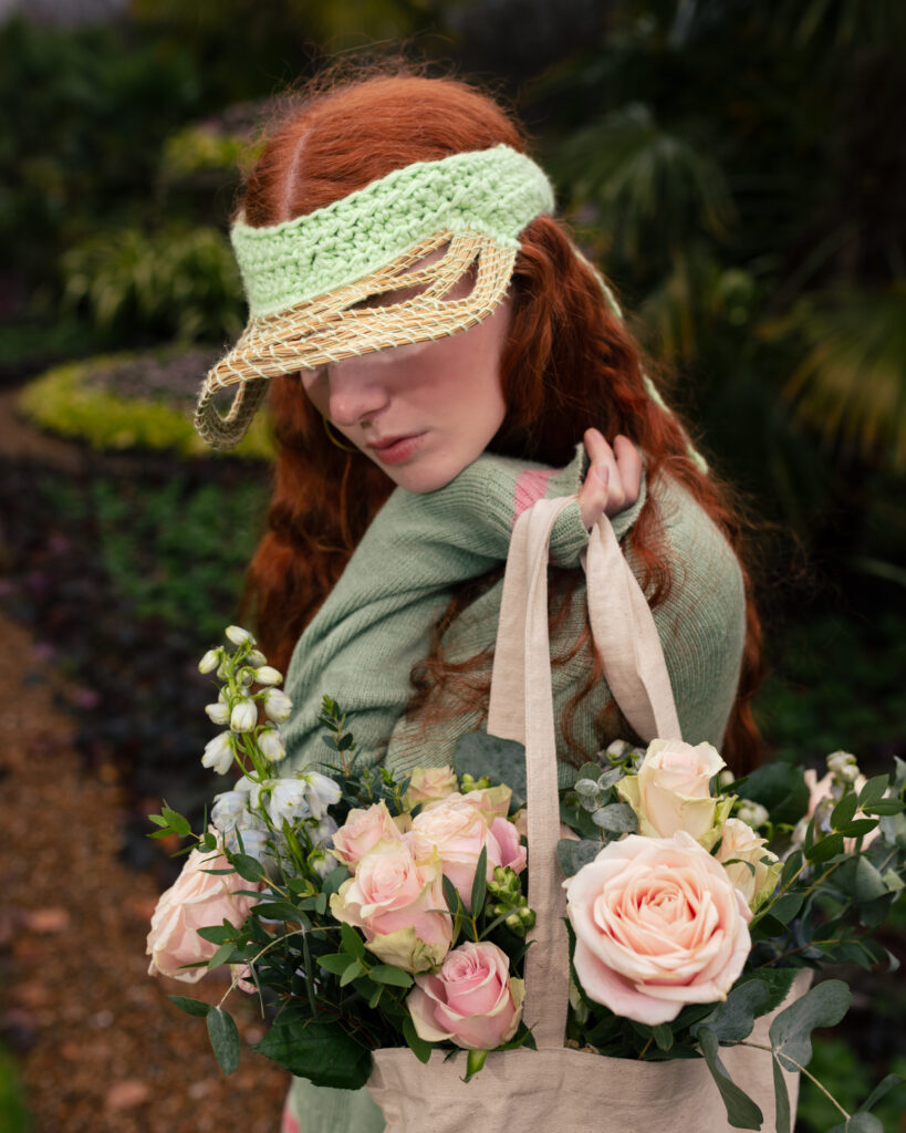 Crochet and woven visor head piece by Acien with Wovenbeyond yarn