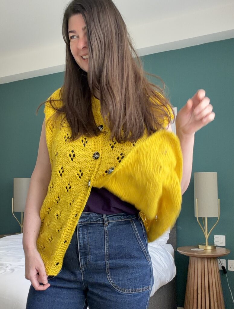 Cardigan vest made with Allo nettle yarn by Reka MacDonald